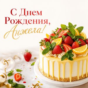 Открытка с Днем Рождения Анжеле с фруктовым тортом