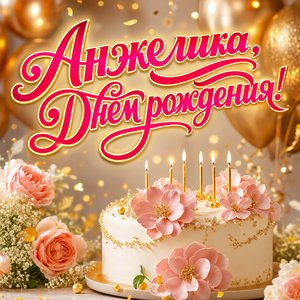 Открытка с Днем Рождения Анжелике с тортом и золотыми шарами
