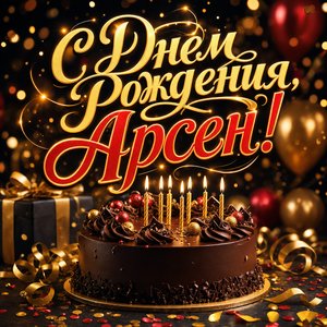Открытка с Днем Рождения Арсену с праздничным тортом и свечами
