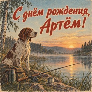 Открытка «С днём рождения, Артём!» Артёму с собакой у реки