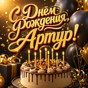 Открытка с Днем Рождения Артуру с праздничным тортом и шарами