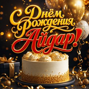 Открытка с Днем Рождения Айдару с тортом и золотыми шарами