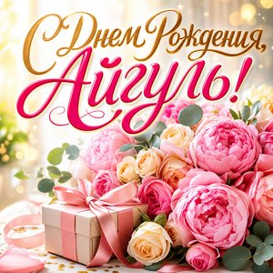 Открытка с Днем Рождения Айгуль с букетом пионов и подарком