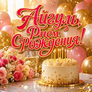 Открытка с Днем Рождения Айгуль с тортом и воздушными шарами