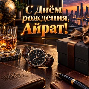 Открытка «С Днём рождения, Айрат!» Айрату с часами и виски