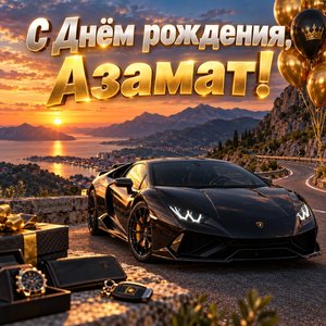 Открытка «С Днём рождения, Азамат!» Азамату со спортивным автомобилем
