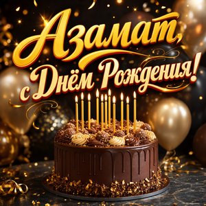 Открытка с Днем Рождения Азамату с шоколадным тортом и свечами
