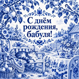 Открытка «С днём рождения, бабуля!» с садом и котом