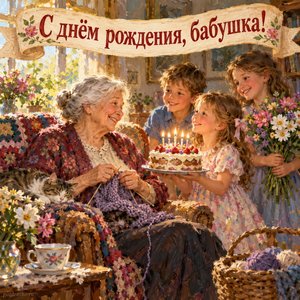 Открытка «С днём рождения, бабушка!» с внуками и тортом