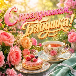 Открытка с днем рождения бабушке с чашкой чая и пирожным