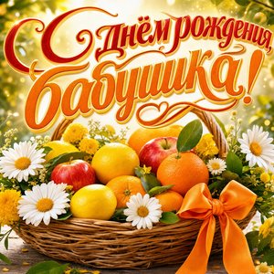 Открытка с днем рождения бабушке с корзиной фруктов и ромашками