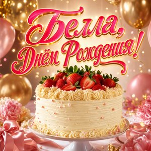 Открытка с Днем Рождения Белле с клубничным тортом и шарами