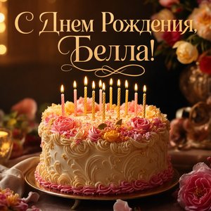 Открытка с Днем Рождения Белле с тортом и свечами