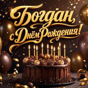 Открытка с Днем Рождения Богдану с праздничным тортом и свечами