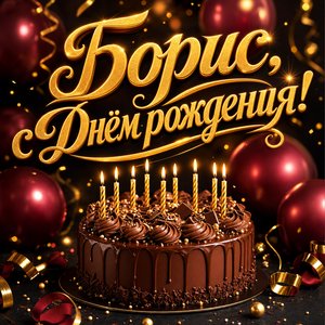 Открытка с Днем Рождения Борису с шоколадным тортом и свечами