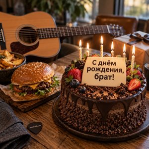 Открытка «С днём рождения, брат!» с гитарой и бургером