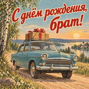 Открытка «С днём рождения, брат!» с машиной и подарком