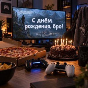 Открытка «С днём рождения, бро!» с приставкой и пиццей