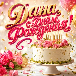 Открытка с Днем Рождения Дане с праздничным тортом и цветами