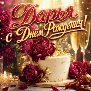 Открытка с Днем Рождения Дарье с тортом и пионами