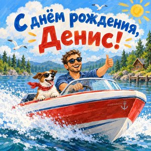 Открытка «С днём рождения, Денис!» Денису с катером на озере