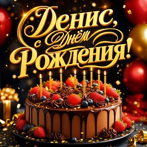 Открытка с Днем Рождения Денису с тортом и свечами