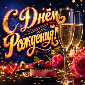 Открытка с Днем Рождения девушке с бокалами шампанского