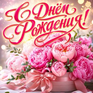 Открытка с Днем Рождения девушке с букетом пионов