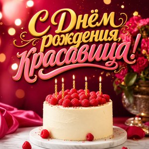 Открытка с Днем Рождения девушке с праздничным тортом и малиной