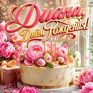 Открытка с Днем Рождения Диане с праздничным тортом и пионами