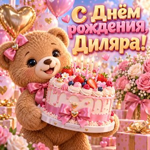 Открытка «С Днём рождения, Диляра!» Диляре с мишкой и тортом
