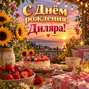 Открытка «С Днём рождения, Диляра!» Диляре с подсолнухами на террасе