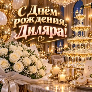 Открытка «С Днём рождения, Диляра!» Диляре с шампанским и шарами