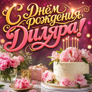 Открытка с Днем Рождения Диляре с тортом и пионами