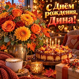 Открытка «С Днём рождения, Дина!» Дине с осенним букетом