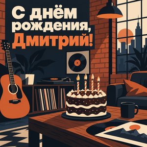 Открытка «С днём рождения, Дмитрий!» Дмитрию с гитарой и пластинками