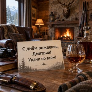 Открытка «С днём рождения, Дмитрий! Удачи во всём!» Дмитрию с охотничьим домиком