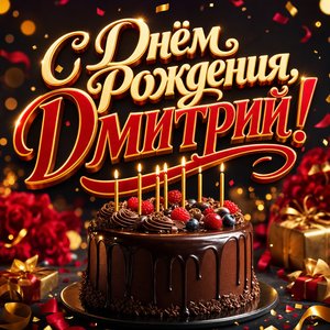 Открытка с Днем Рождения Дмитрию с шоколадным тортом и свечами