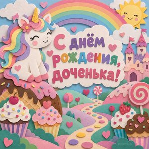 Открытка «С днём рождения, доченька!» с единорогом