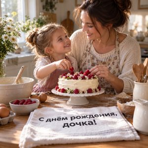 Открытка «С днём рождения, дочка!» с мамой и дочкой на кухне