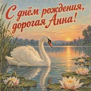 Открытка «С днём рождения, дорогая Анна!» Анне с лебедем и кувшинками