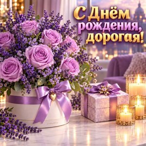 Открытка «С Днём рождения, дорогая!» дорогой с сиреневыми розами