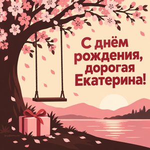 Открытка «С днём рождения, дорогая Екатерина!» Екатерине с сакурой и качелями