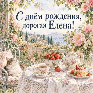 Открытка «С днём рождения, дорогая Елена!» Елене с чаепитием в саду