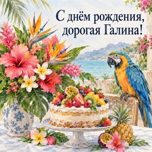 Открытка «С днём рождения, дорогая Галина!» Галине с тропическим букетом