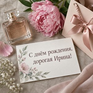 Открытка «С днём рождения, дорогая Ирина!» Ирине с духами и пионом