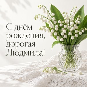 Открытка «С днём рождения, дорогая Людмила!» Людмиле с ландышами в хрустале