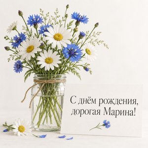 Открытка «С днём рождения, дорогая Марина!» Марине с ромашками и васильками