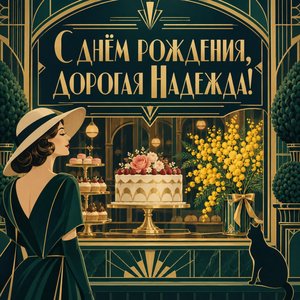 Открытка «С днём рождения, дорогая Надежда!» Надежде с мимозой и тортом