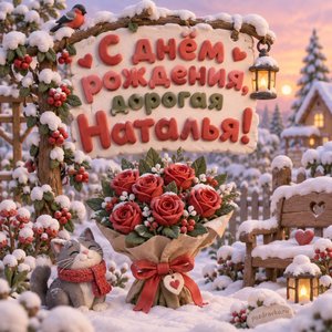 Открытка «С днём рождения, дорогая Наталья!» Наталье с розами на снегу